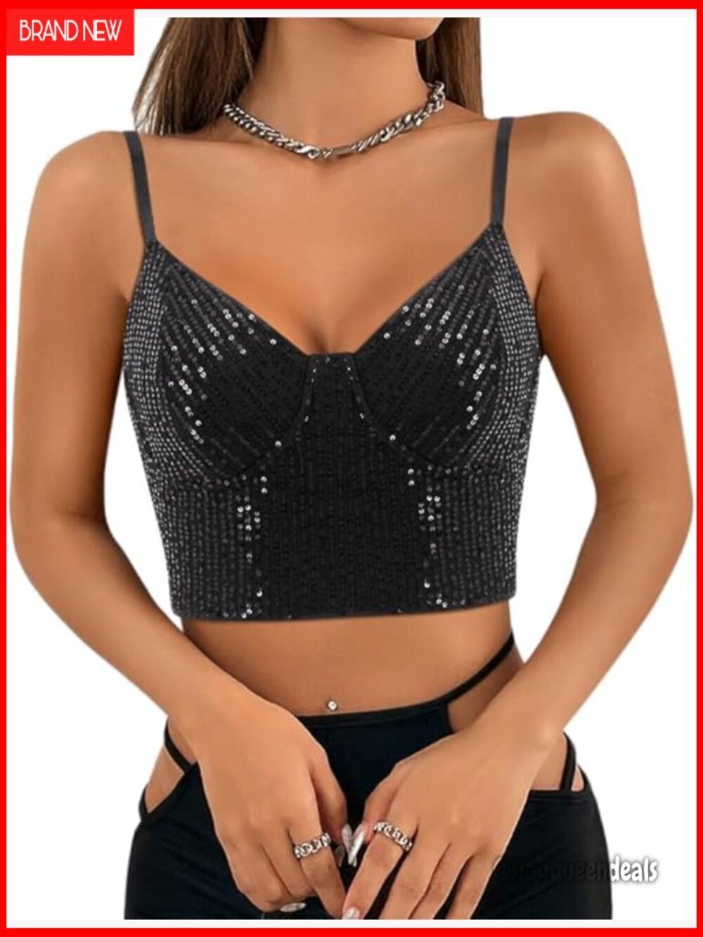 Sequin Slim Fit Crop Top Spaghetti Strap Tank Sleeveless Party Wear